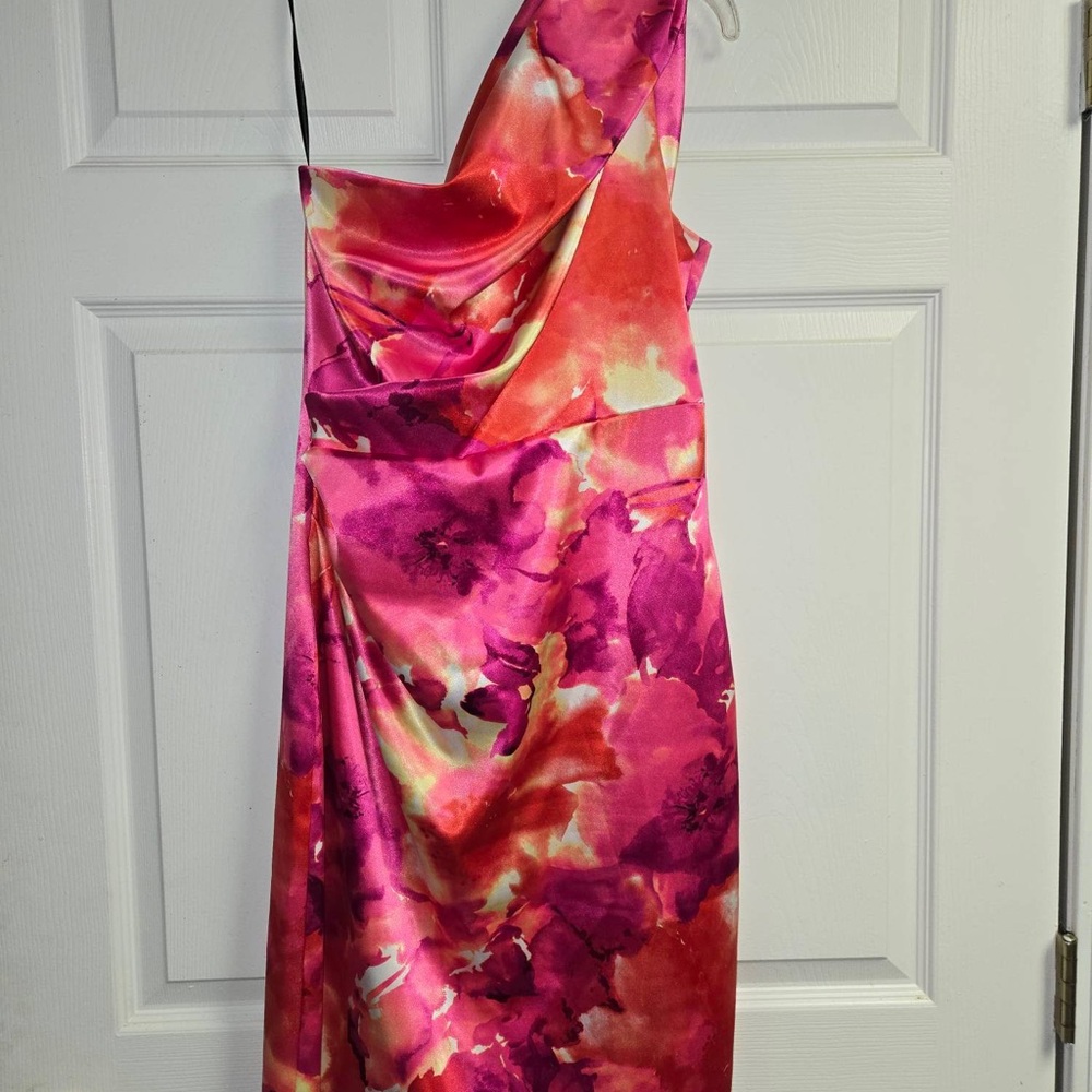 David Meister Vibrant Pink and Orange One-Shoulder Dress